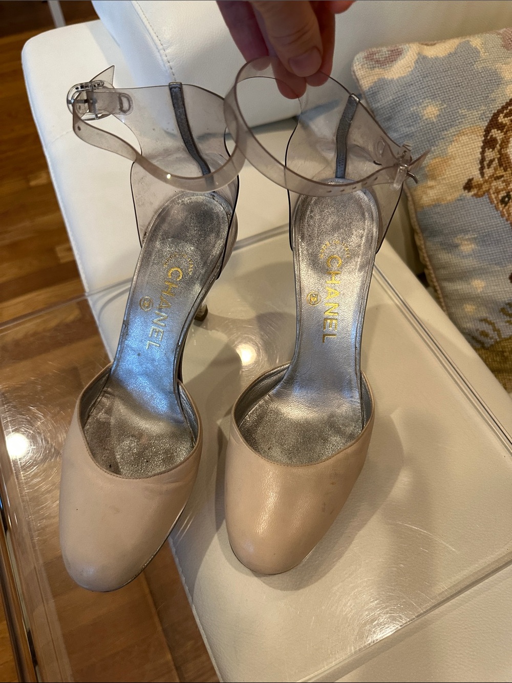 CHANEL Beige Leather Pumps with Clear Ankle Strap - Picture 13 of 16